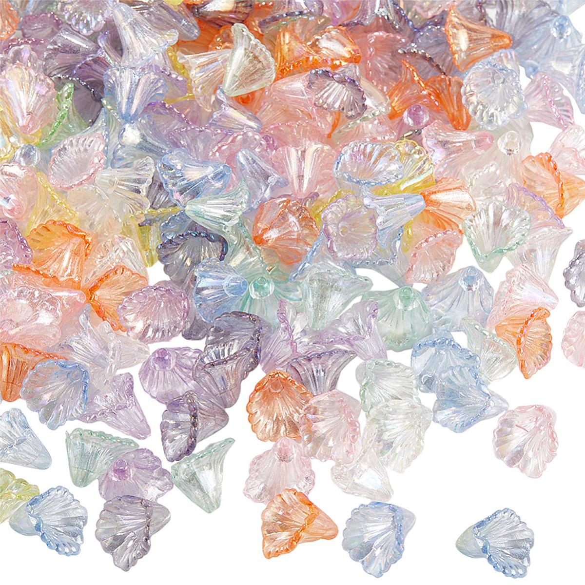 Transparent Acrylic Bead Caps, AB Color,Trumpet Flower, Mixed Color, 10x12x12mm, Hole: 1.2mm.  (packed 100 Beads)
