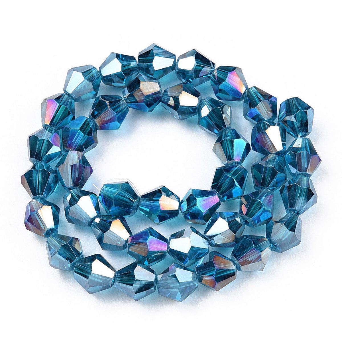 Bicone Beads Faceted.  Glass 8mm.   (Dark Turquoise with AB Finish).   (Approx 40 Beads)