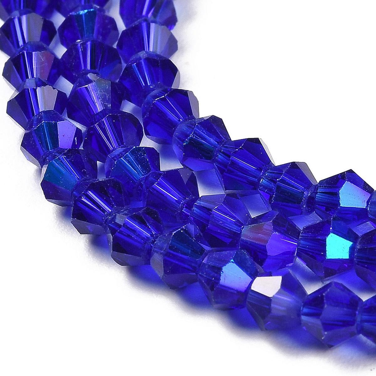 Transparent Electroplate Glass Beads Strands, AB Color Plated, Faceted, Bicone, Dark Blue, 4x4mm, Hole: 0.8mm.  *Approx 90 Beads.