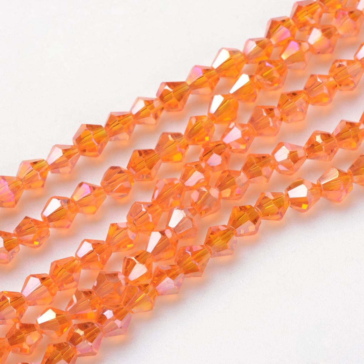 Transparent Electroplate Glass Beads Strands, AB Color Plated, Faceted, Bicone, Dark True Orange, 4x4mm, Hole: 0.8mm.  *Approx 85 Beads.