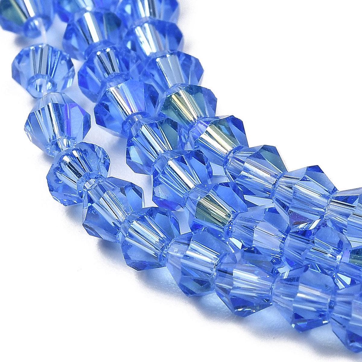 Transparent Electroplate Glass Beads Strands, AB Color Plated, Faceted, Bicone, Light Blue, 4x4mm, Hole: 0.8mm.  *Approx 90 Beads.