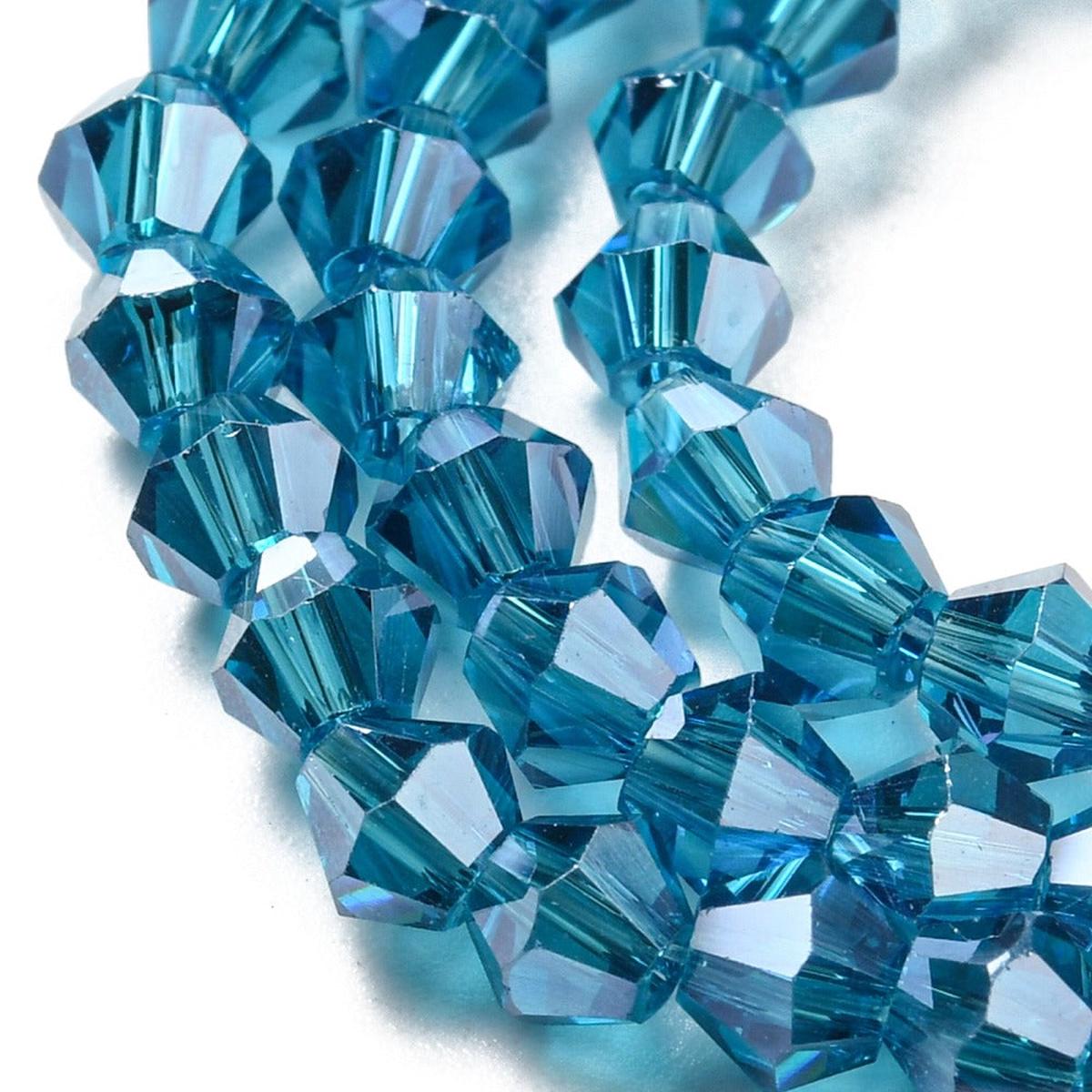 Transparent Electroplate Glass Beads Strands, Pearl Luster Plated, Faceted, Bicone, Steel Blue, 4x4mm, Hole: 0.8mm.  *Approx 90 Beads.