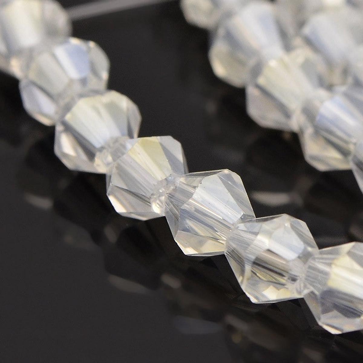 Crystal Electroplate Bicone Glass Bead Strands, (AB Color Plated Over Ghost White). Faceted, AB Color Plated, 3x3mm, Hole: 1mm