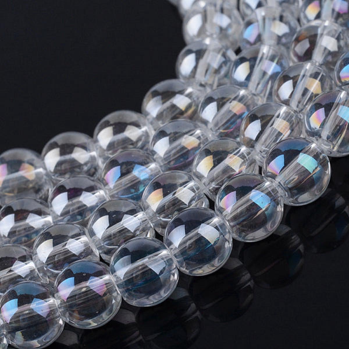 Glass Beads.  Electoplated AB on a Clear Glass. (Round)  6mm.  (approx 60 beads)