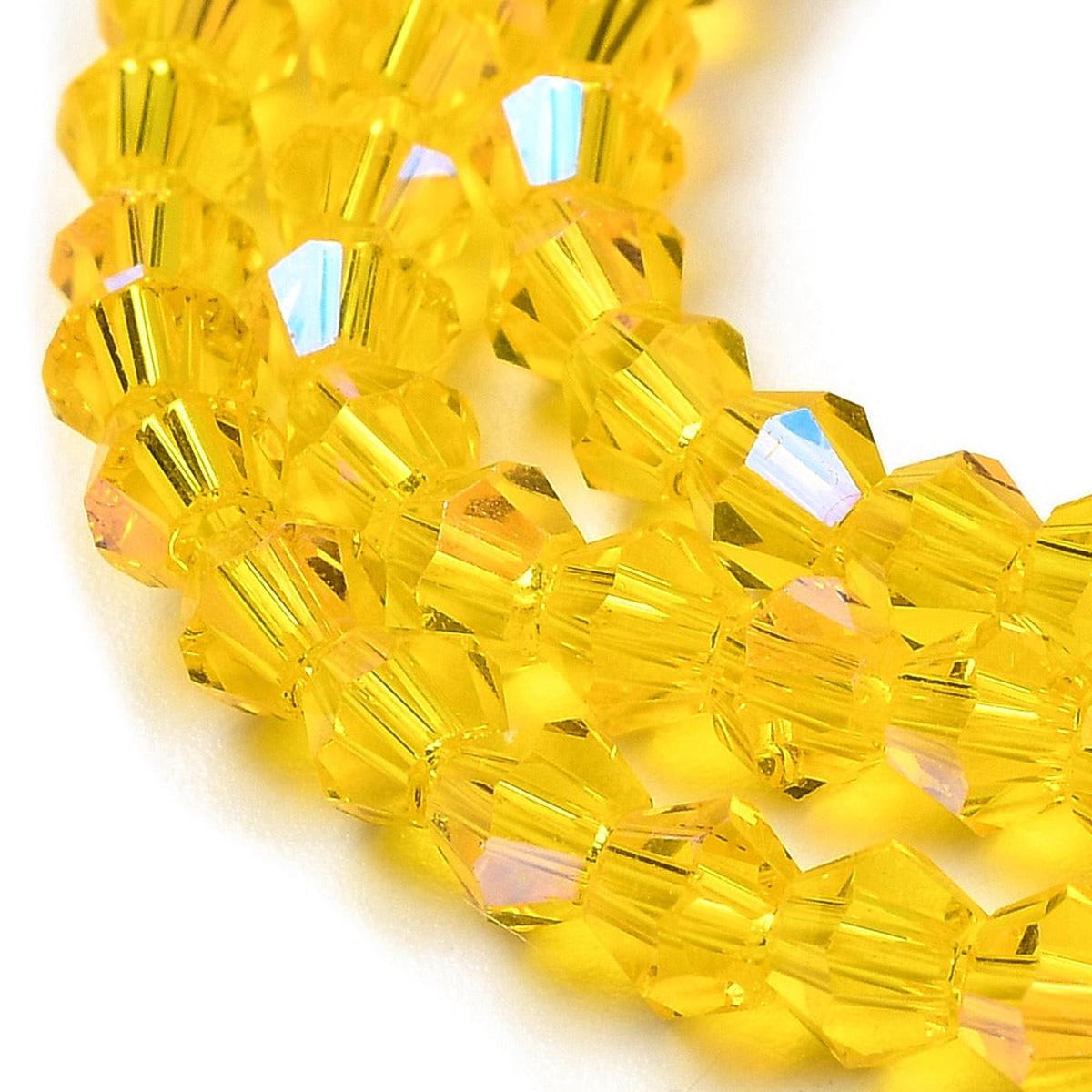 Transparent Electroplate Glass Beads Strands, AB Color Plated, Faceted, Bicone, Golden Yellow, 4x4mm, Hole: 0.8mm.  *Approx 90 Beads.