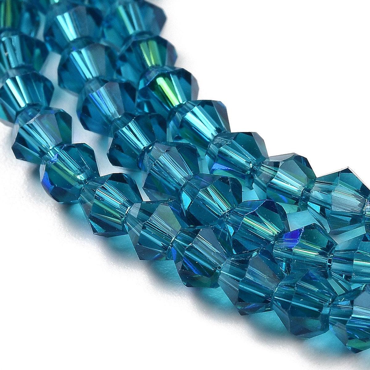Transparent Electroplate Glass Beads Strands, AB Color Plated, Faceted, Bicone, Steel Blue, 4x4mm, Hole: 0.8mm.  *Approx 90 Beads.