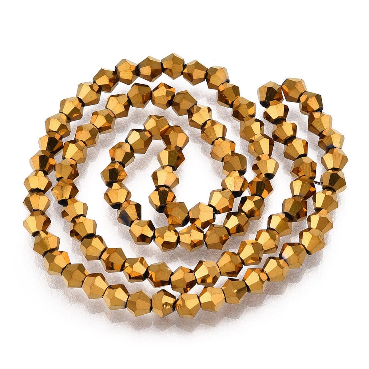 Electroplate Glass Bead Strands, Rainbow Plated, Faceted Bicone, Golden Plated, 4x4.5mm, Hole: 1mm, about 92~96pcs/strand