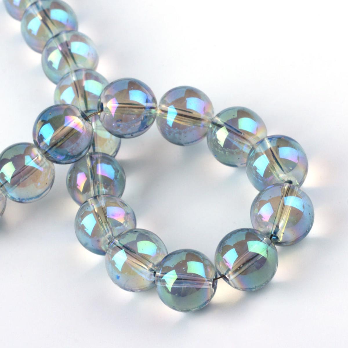 Electroplate Glass Beads Strands, Rainbow Plated, Round, Turquoise, 9.5x10.5mm, Hole: 1.5mm.  Approx 75 Beads.