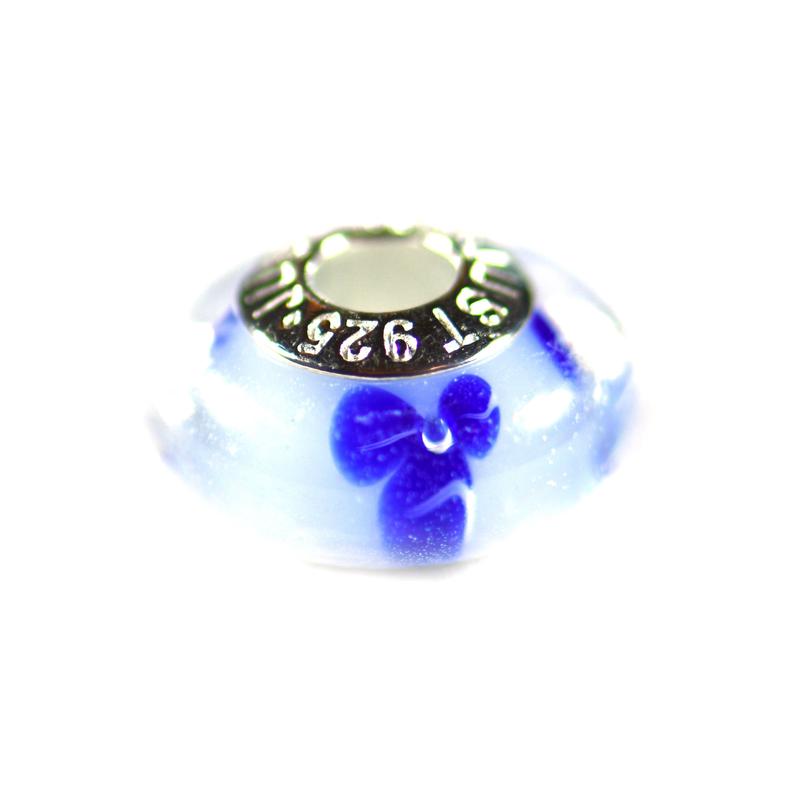 Silver beads with blue glass & deep blue flower
