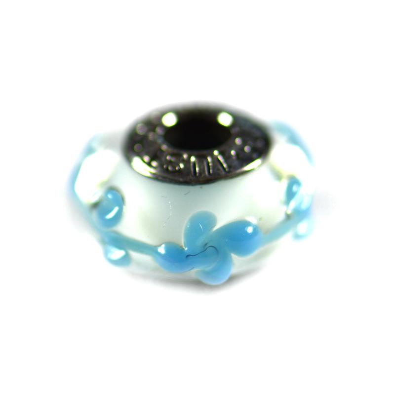 Silver beads with blue glass & flower