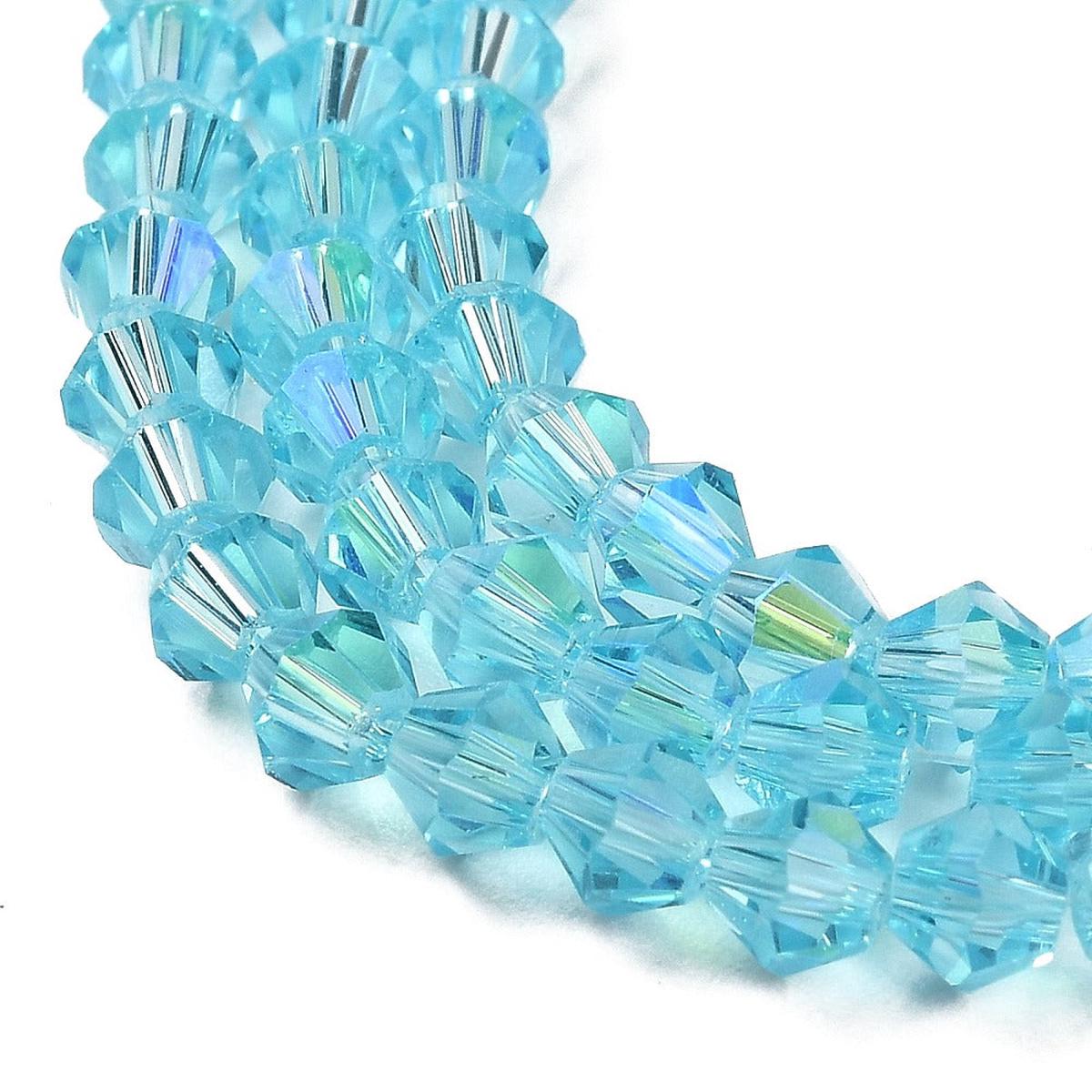 Transparent Electroplate Glass Beads Strands, AB Color Plated, Faceted, Bicone, Light Sky Blue, 4x4mm, Hole: 0.8mm.  *Approx 90 Beads.