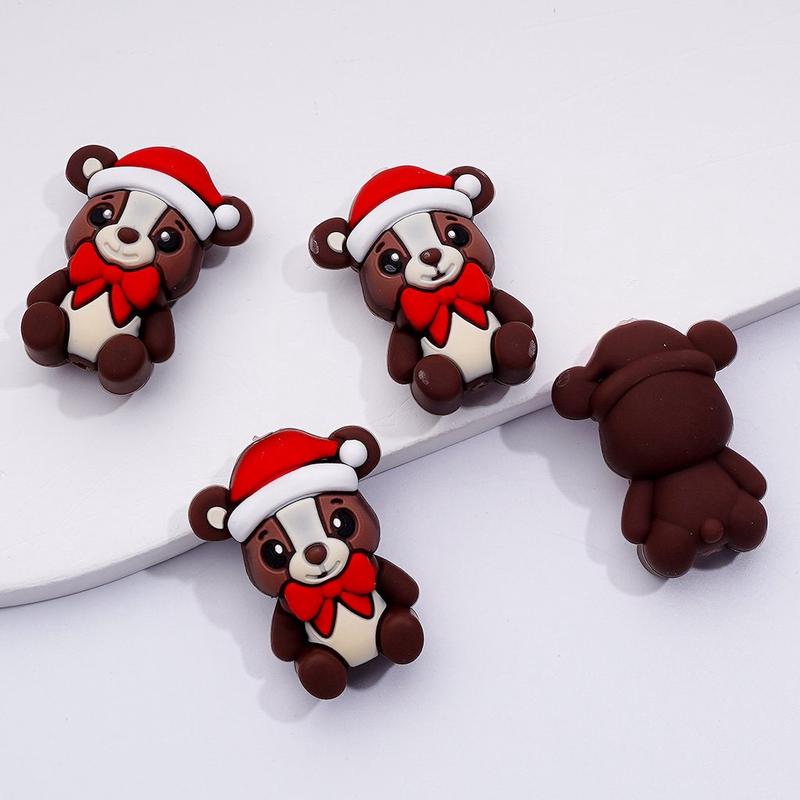 3D Cute Bear with Red Christmas Hat Bowtie Silicone Focal Beads