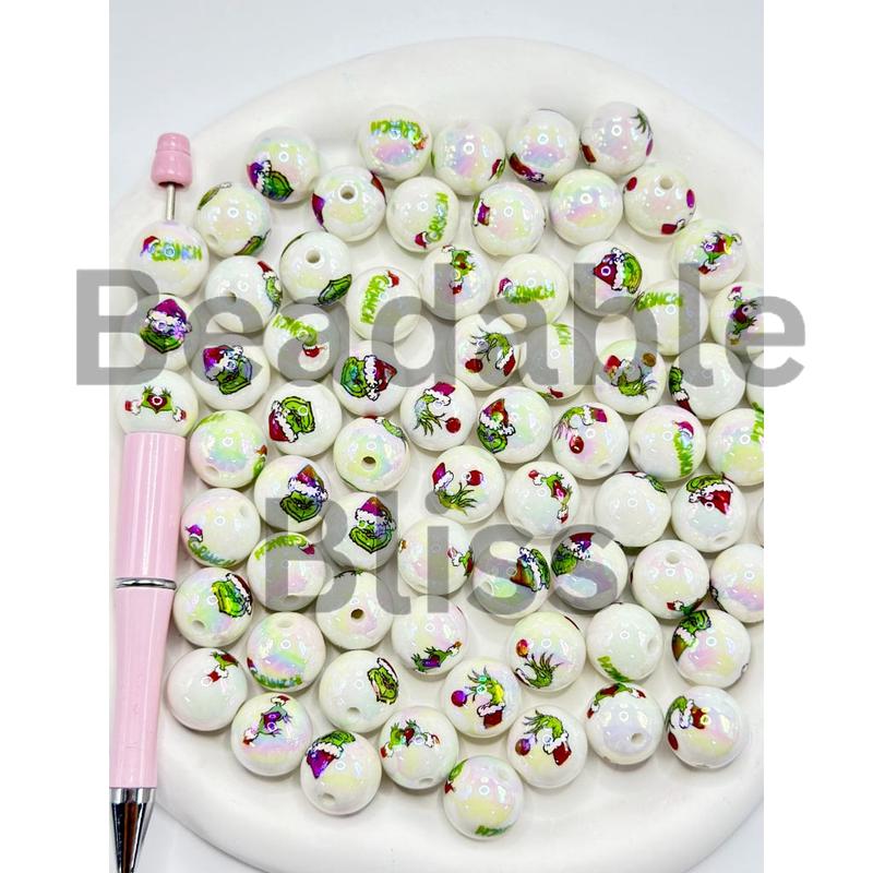 White UV Coating Acrylic Beads with Christmas Green Character Print, Random Mix, 16MM