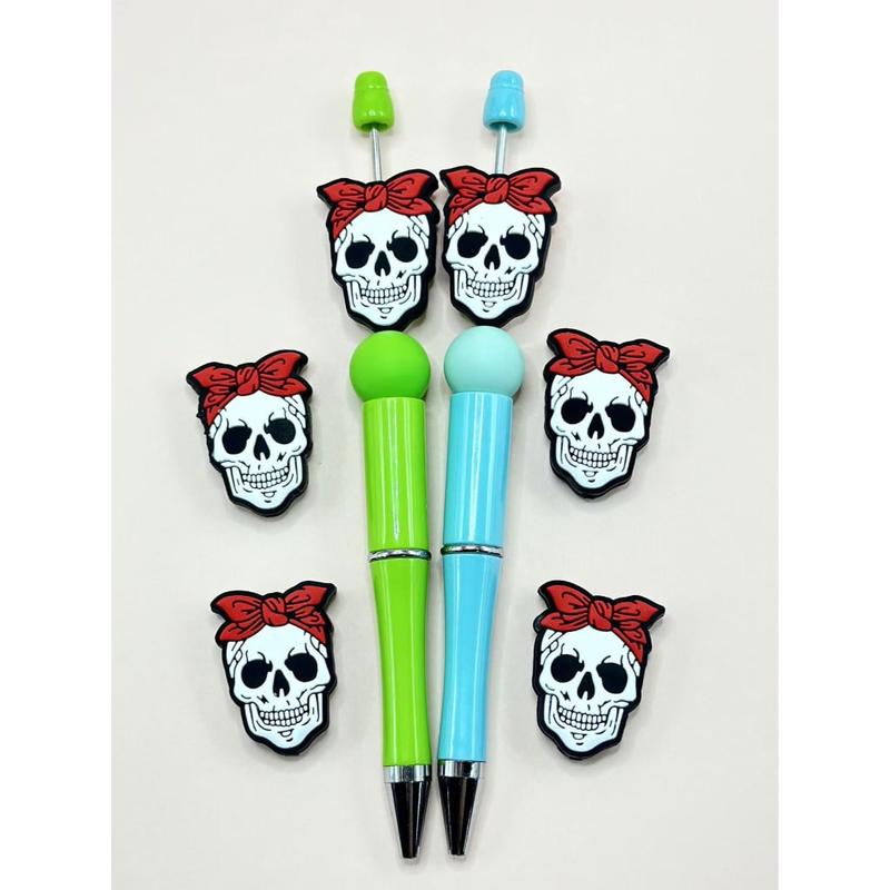 White Halloween Scary Skeleton Bone Icon Head with a Red Bowtie Silicone Focal Beads