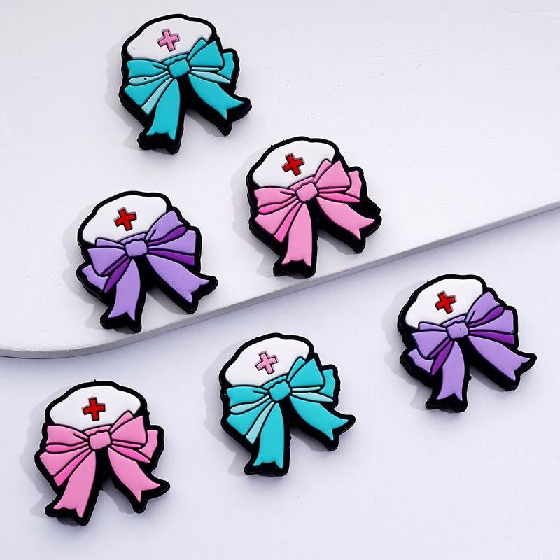 White Nurse Hat with Purple Teal Pink Bowtie Silicone Focal Beads