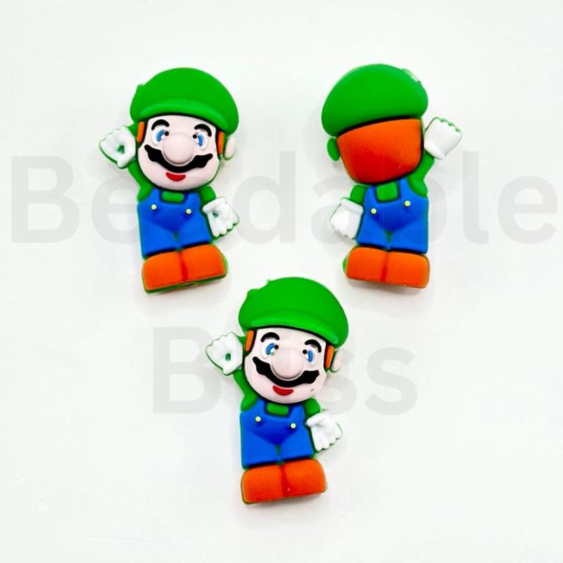 3D Cute Plumber Character with a Green Cap Hat Cartoon Silicone Focal Beads