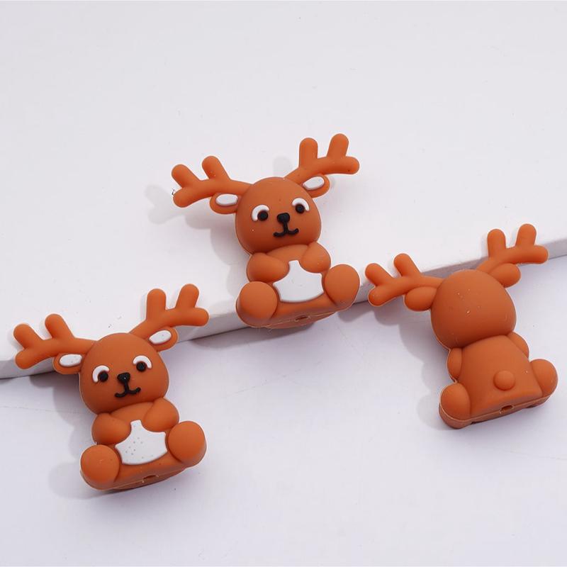 3D Cute Brown Elk Christmas Silicone Focal Beads