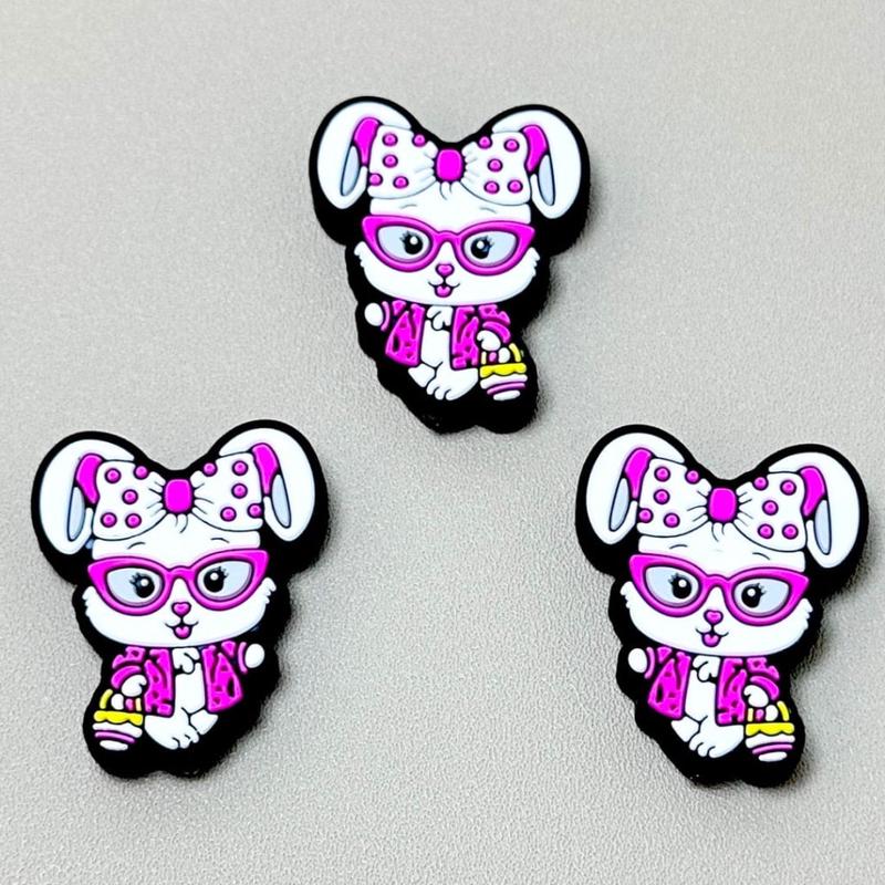 White Bunny Rabbit in Rose Red with Glasses Bowtie Holds a Basket Easter Silicone Focal Beads