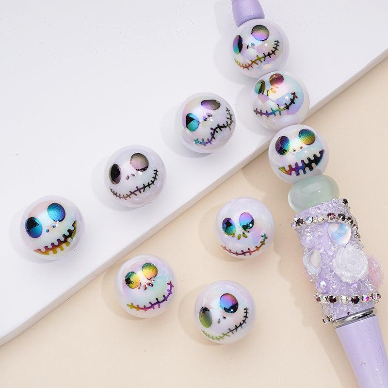 White UV Coating Acrylic Beads with Skeleton Couple Face Prints, Random Mix, 16MM