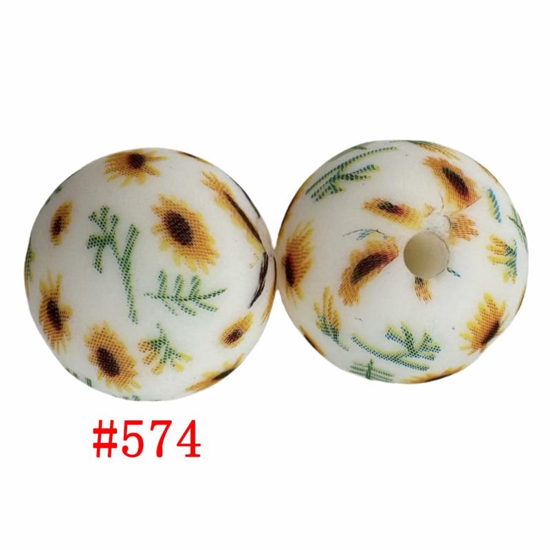 Yellow Sunflower and Green Leaves Printed Silicone Beads, 15mm, Number 574