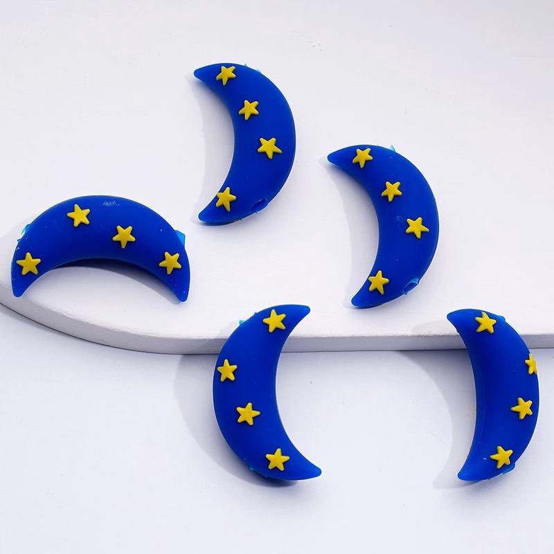 3D Blue Crescent Moon with Mini Yellow Stars Silicone Focal Beads