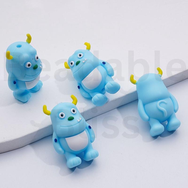 3D Cute Blue Furry Monster In University Silicone Focal Beads