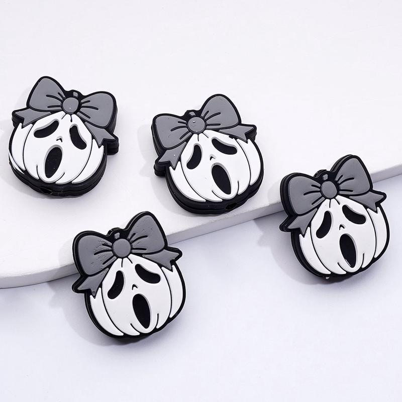 White Pumpkin with Haunted Dark Masked Phantom Gray Bowtie Halloween Silicone Focal Beads