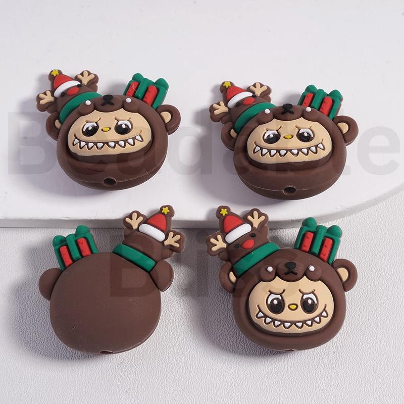 3D Cute Cartoon style Monster Doll with Mini Christmas Deer Gift Box Silicone Focal Beads