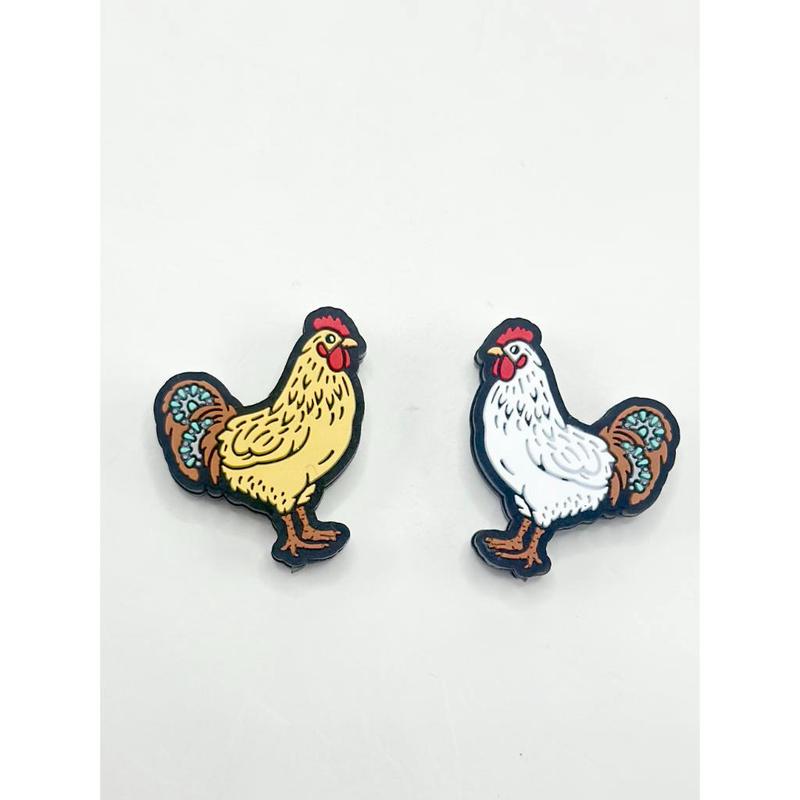 White Rooster Cock Chanticleer Chantecler with Brown Tail Silicone Focal Beads