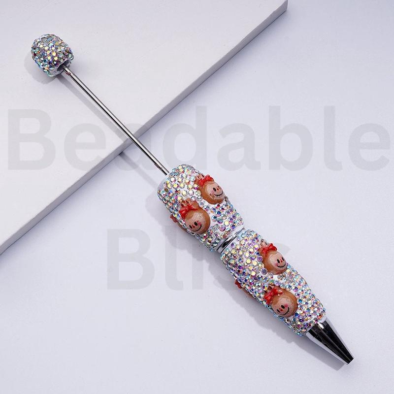 White Color Beadable Clay Pens with Cute Cartoon Monster Doll Chracter Head with Red Bowtie Pop Mar AB Rhinestones Covered the Entire Pen