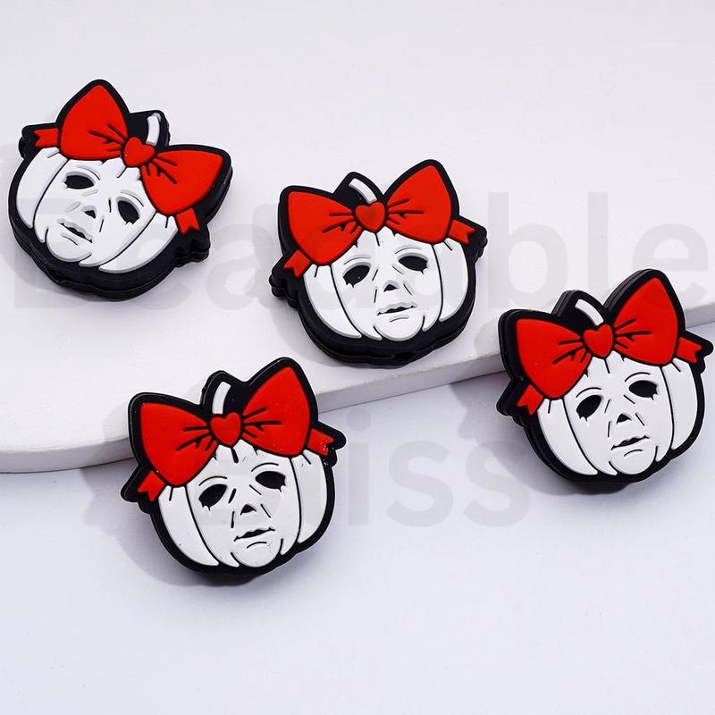 White Pumpkin with Michae Face Red Bowtie Halloween Silicone Focal Beads