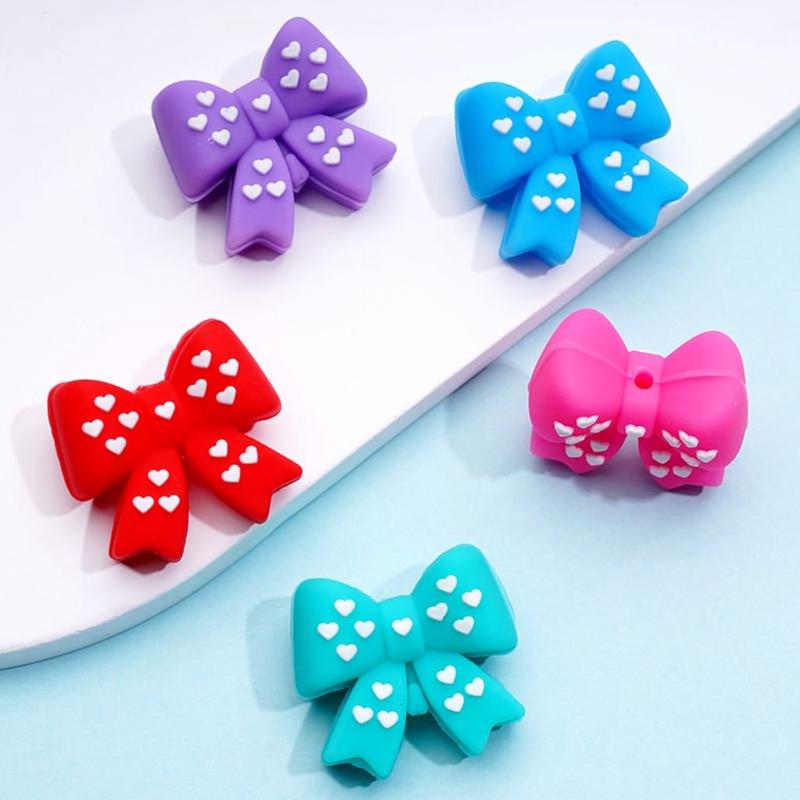 3D Cute Bows Bowtie with White Hearts Silicone Focal Beads, Random Mix