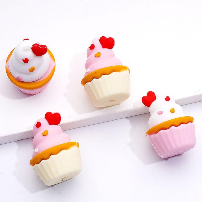 3D Cute Multi-Color Ice Cream Cake Cup with Red Heart Silicone Focal Beads
