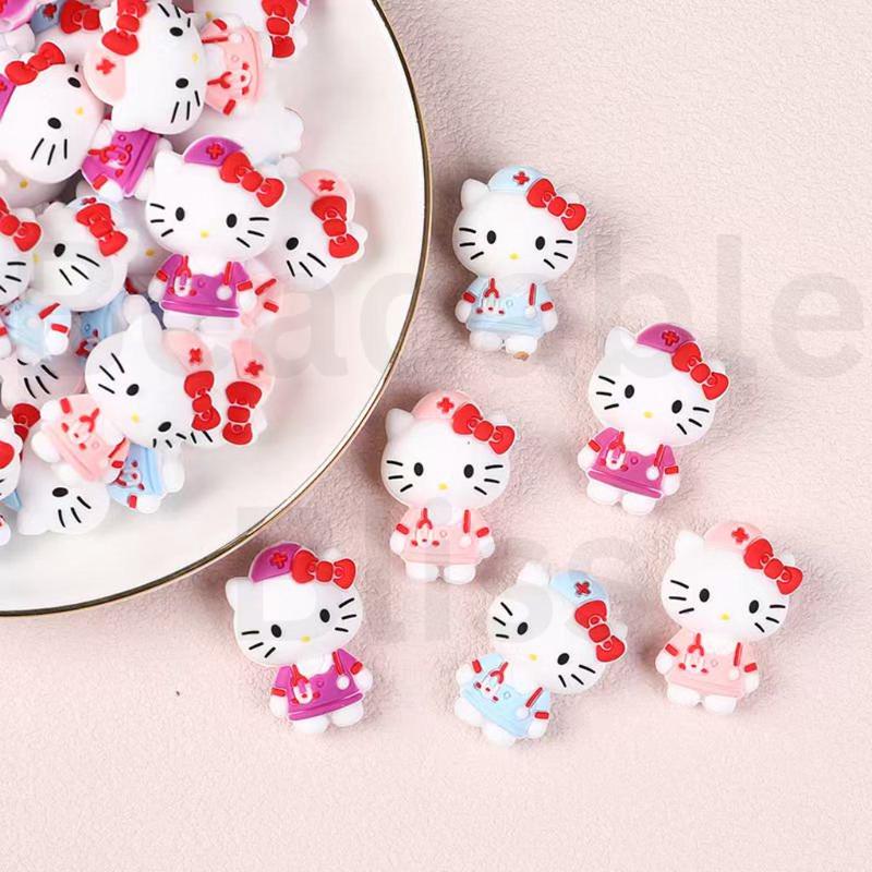 3D Cute Purple Blue Pink Cat Caracter Nurse Silicone Focal Beads, Random Mix