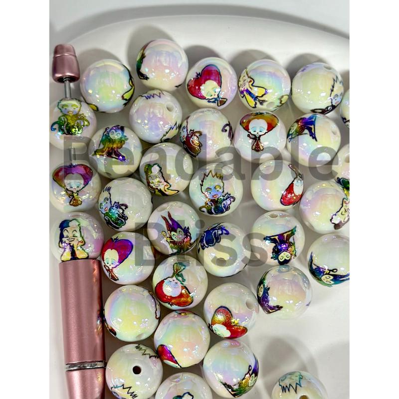 White UV Coating Acrylic Beads with Spooky Sisters Queens, Villains Random Mix, 16MM