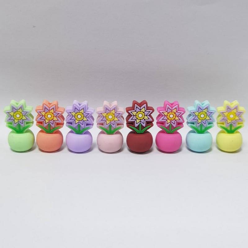 3D Colorful Cute Flower Pot Bonsai Silicone Focal Beads, Random Mix