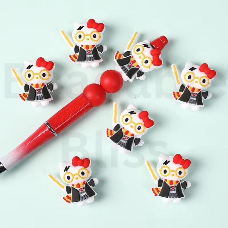 3D Cute Cat Character with Magic Robe Wand Glasses Red Bowtie Rowan Puddle Silicone Focal Beads