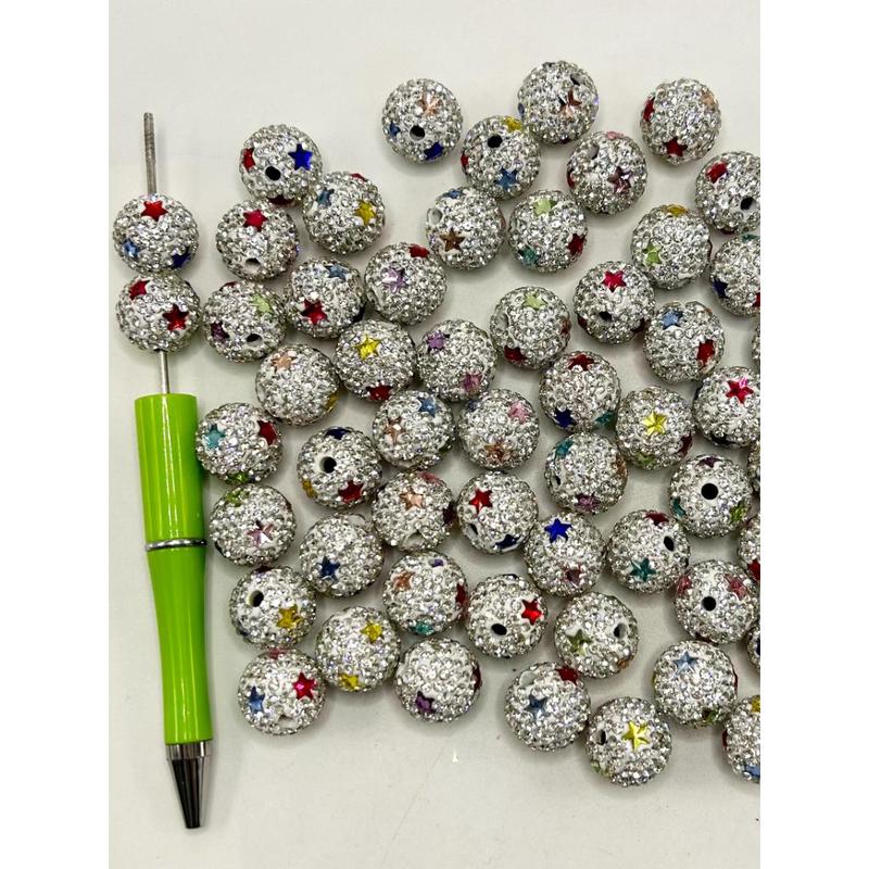 White Clay Beads with Colorful Star and Rhinestones, 16mm, ZY