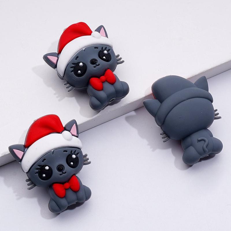 3D Cute Gray Kitten Cat with Red Bowtie Christmas Hat Silicone Focal Beads