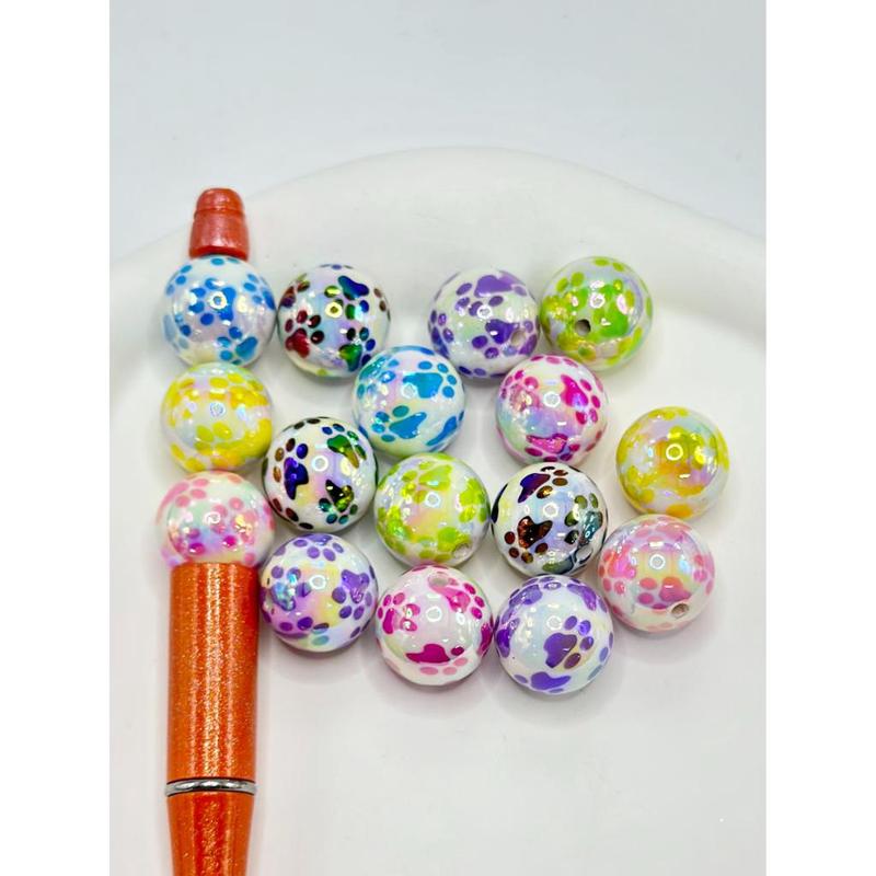 White UV Coated Acrylic Beads with Animal Paw Prints, Random Mix, 16MM