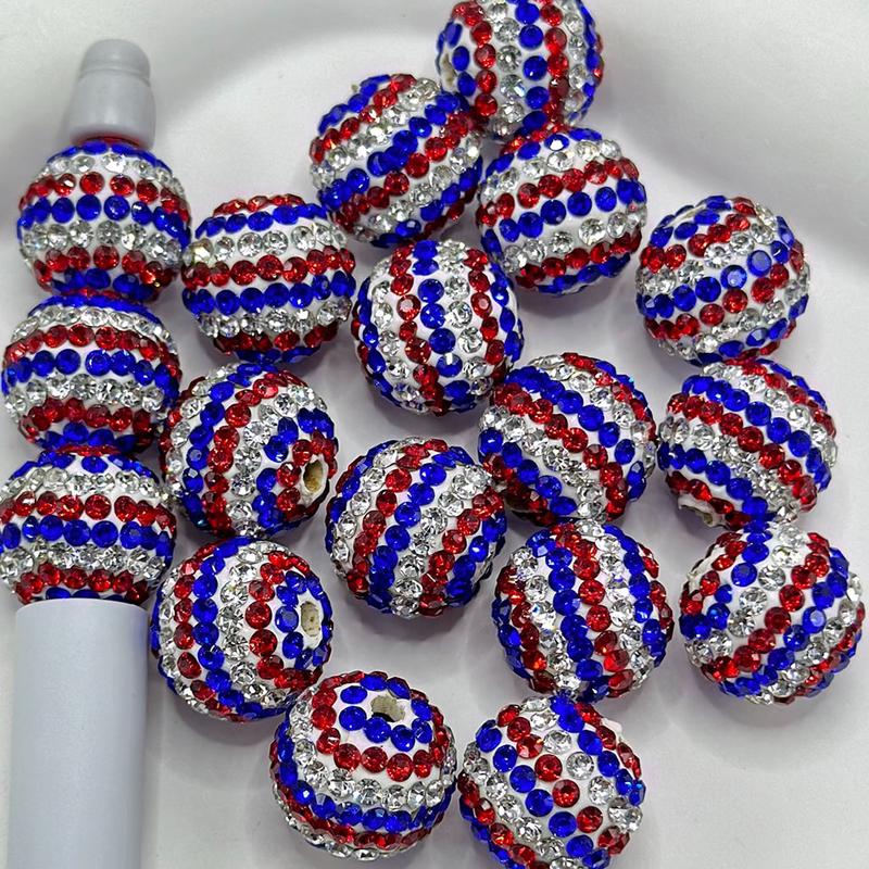 White Round Clay Beads with American Flag Colors Rhinestones, 16mm, Random Mix