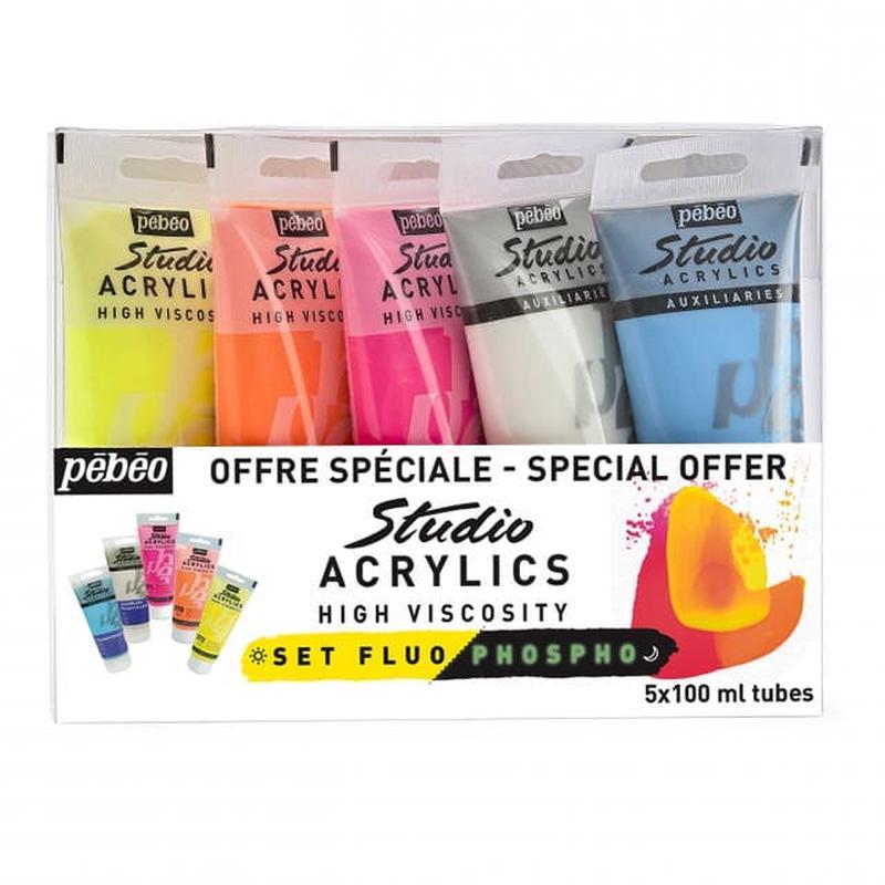 Pebeo Studio Acrylic Set 5 100ml Fluoro/Phosphorescent