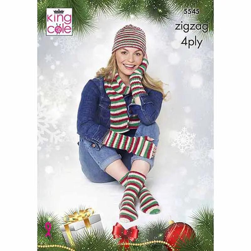 5545  Hat, Scarf, Fingerless Gloves and Socks in Zig Zag 4ply