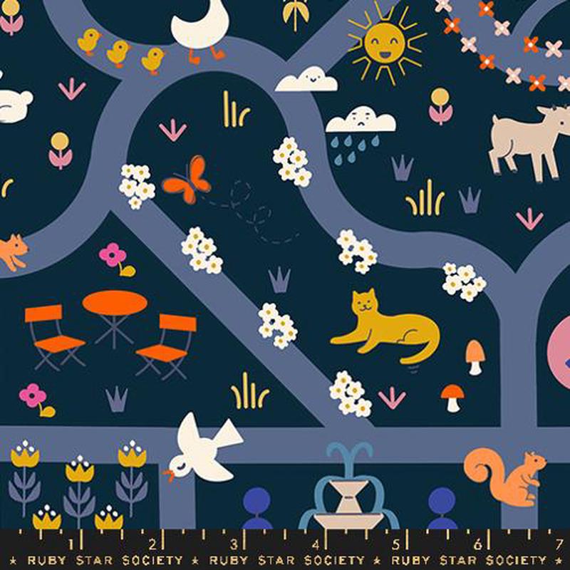Woodland Park Garden Map Cotton Fabric - Teal Navy RS1080 12