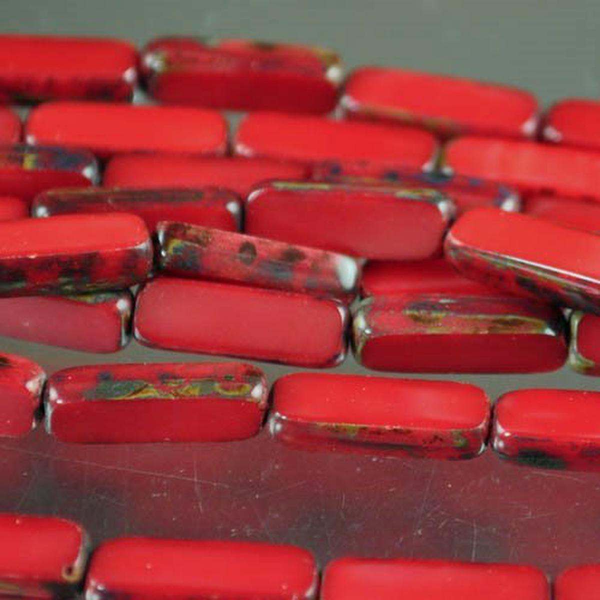Window Beads - 5x15mm Long Rectangle - Red Coral / Picasso